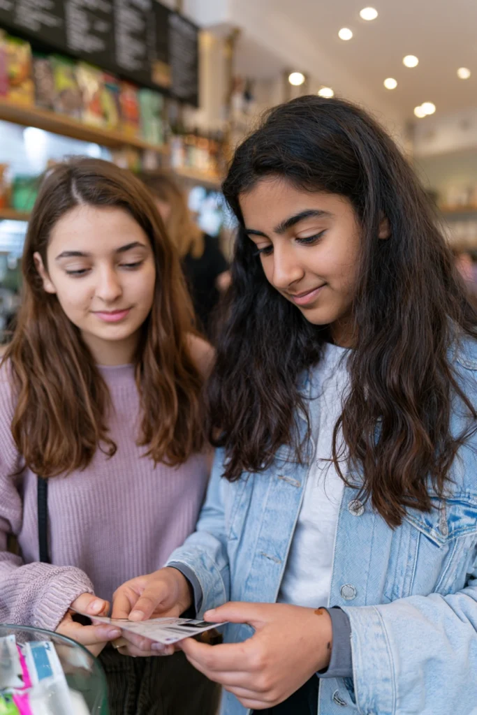 Two teenage girls paying for an item in a shop