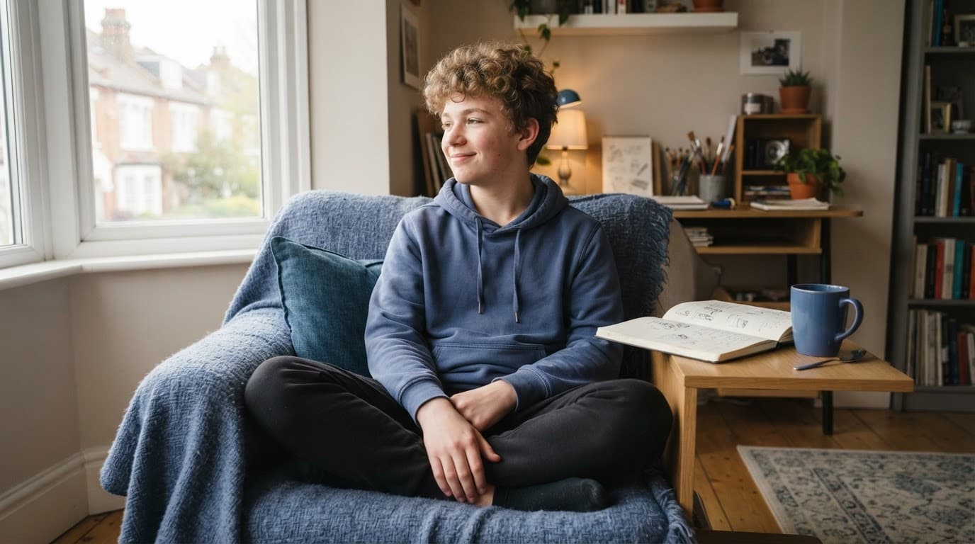 A teenager sits beside a hobby corner with a notebook and mug in soft daylight.