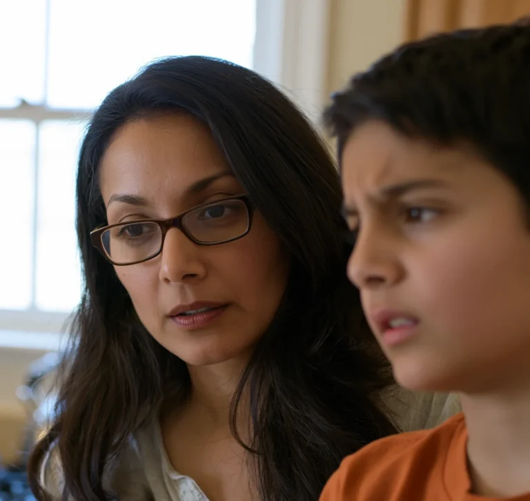 A teenage boy and his mother at home engaging in an argument