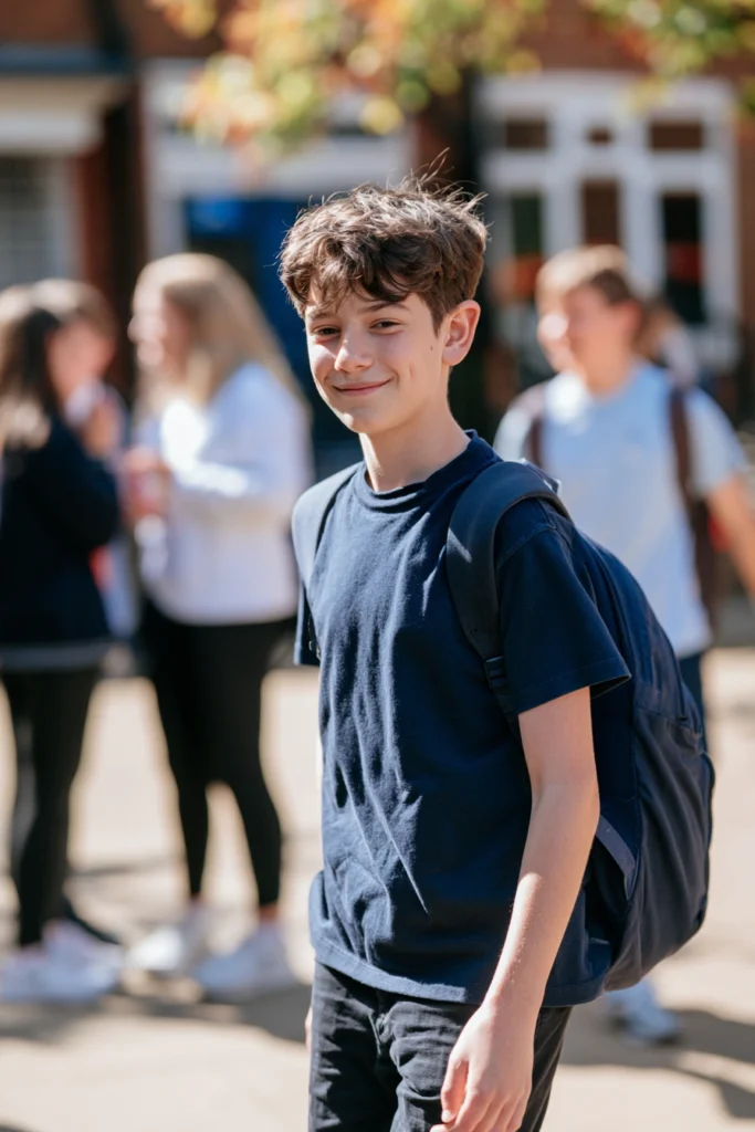 A teenage boy walking in a schoolyard, looking happy and wearing a backpack