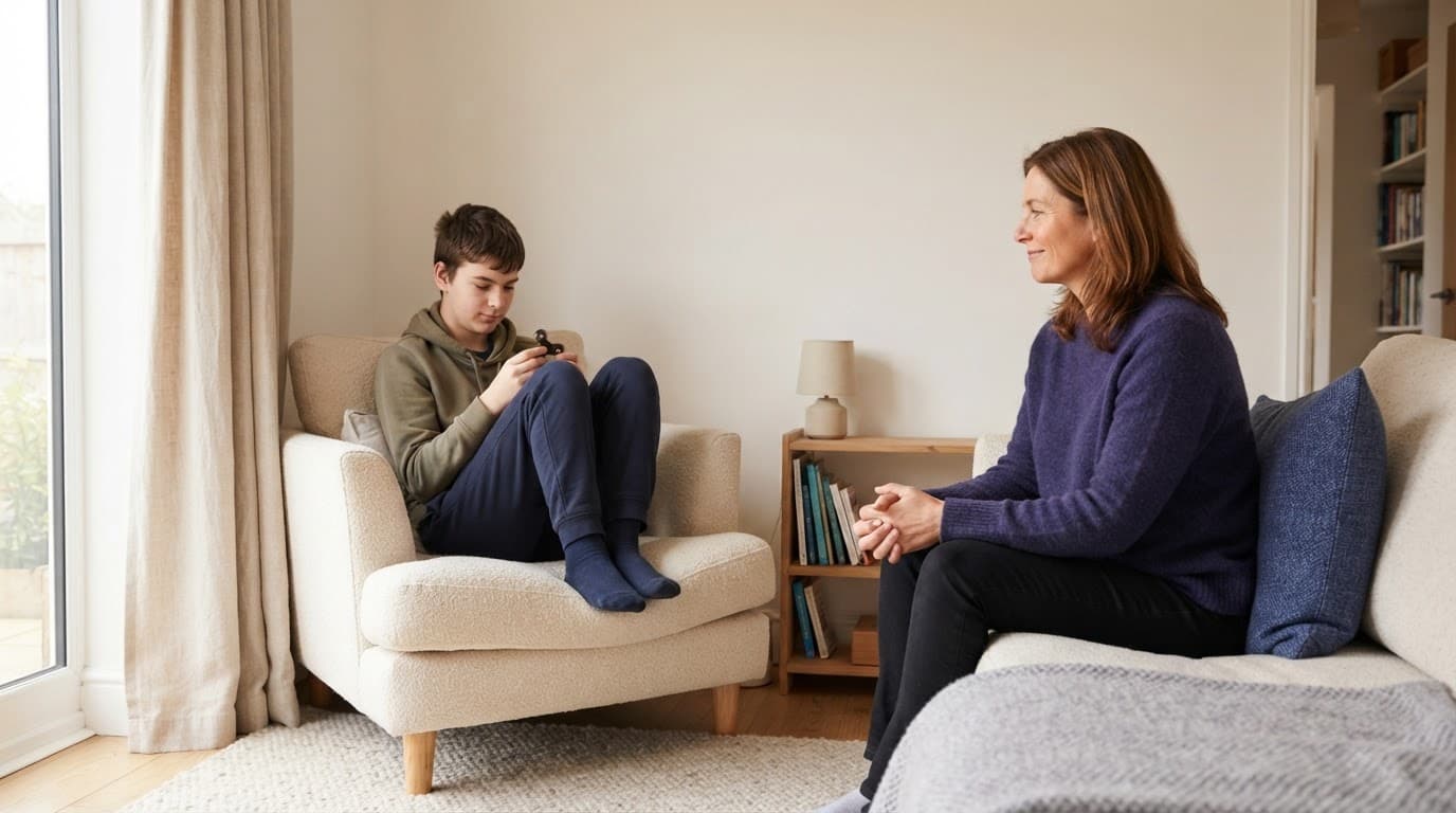 A teenager sits quietly while a parent offers calm support nearby.