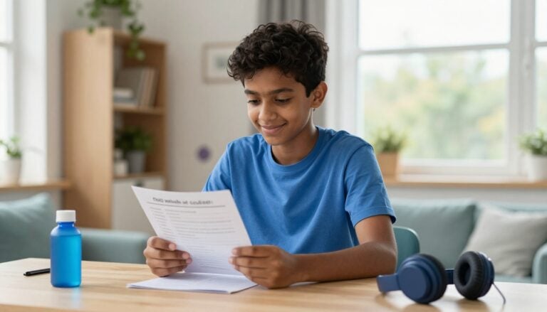 Teen sits at a desk with a worksheet, sensory bottle, and headphones.
