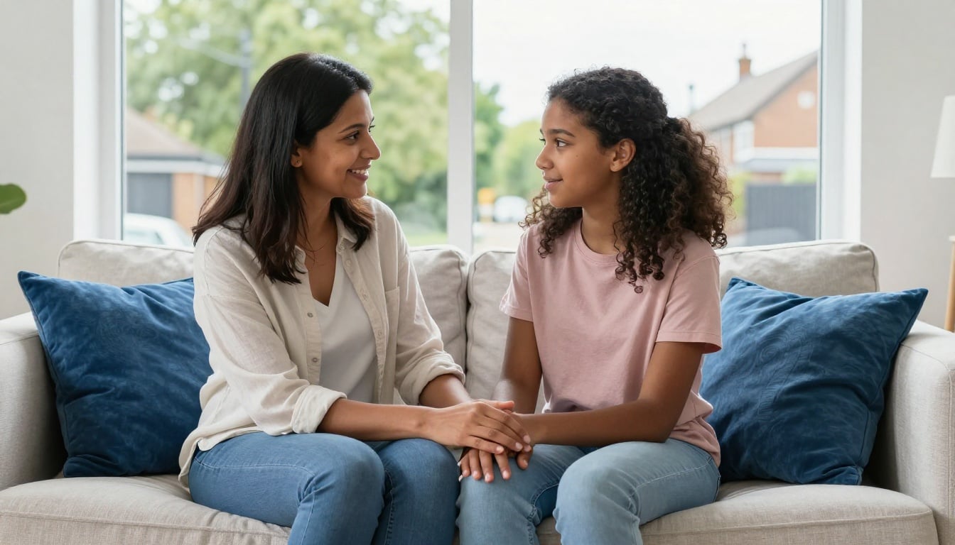 Mother holding hands with her thoughtful teenage daughter on a sofa in a bright living room.