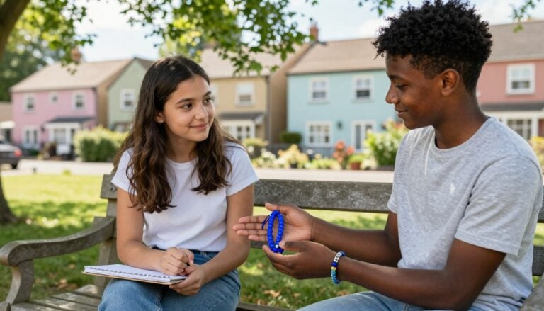 Two teenagers meet on a park bench as one offers a blue friendship bracelet.