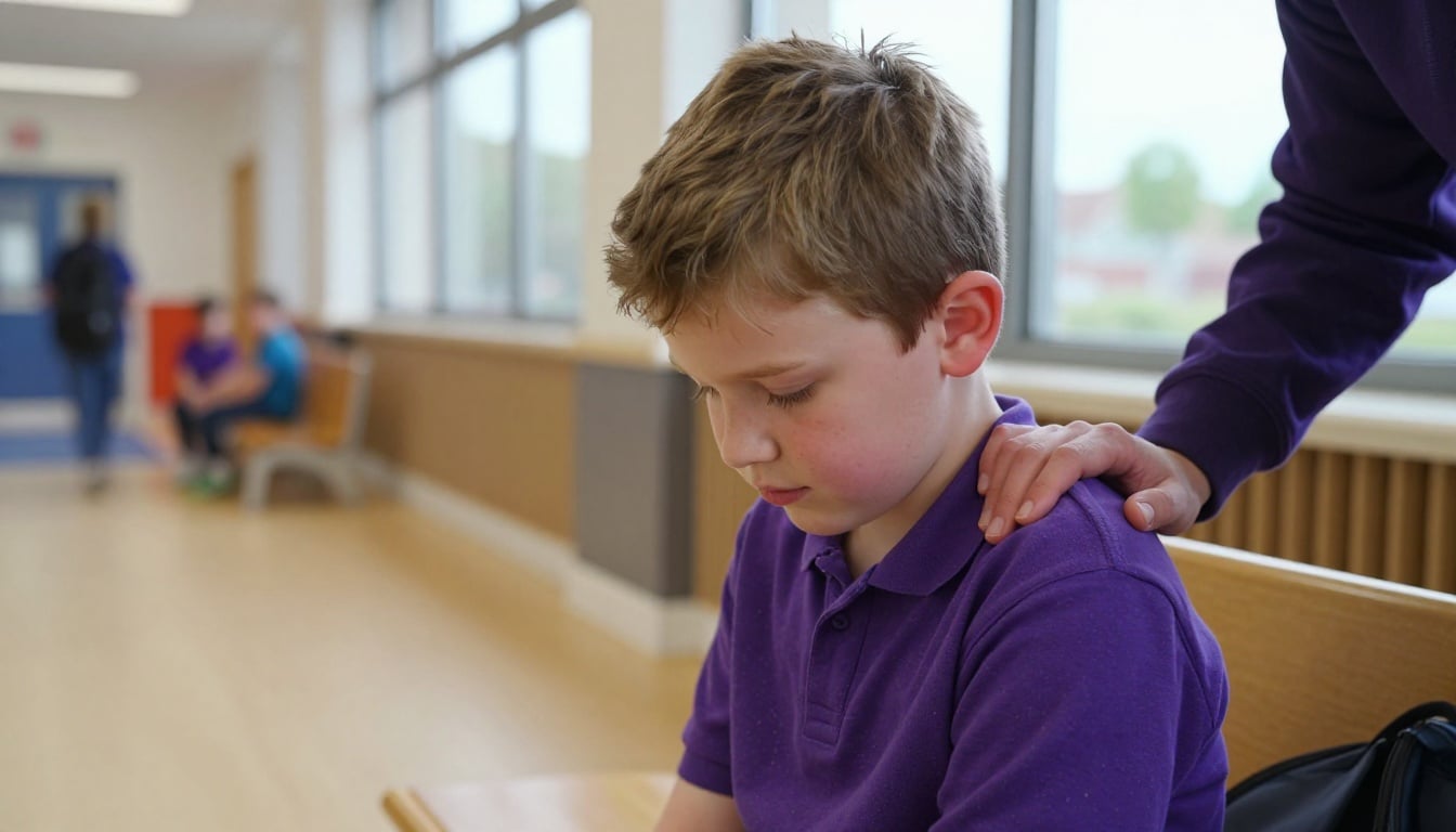 A child sits on a school bench as a parent offers gentle support.