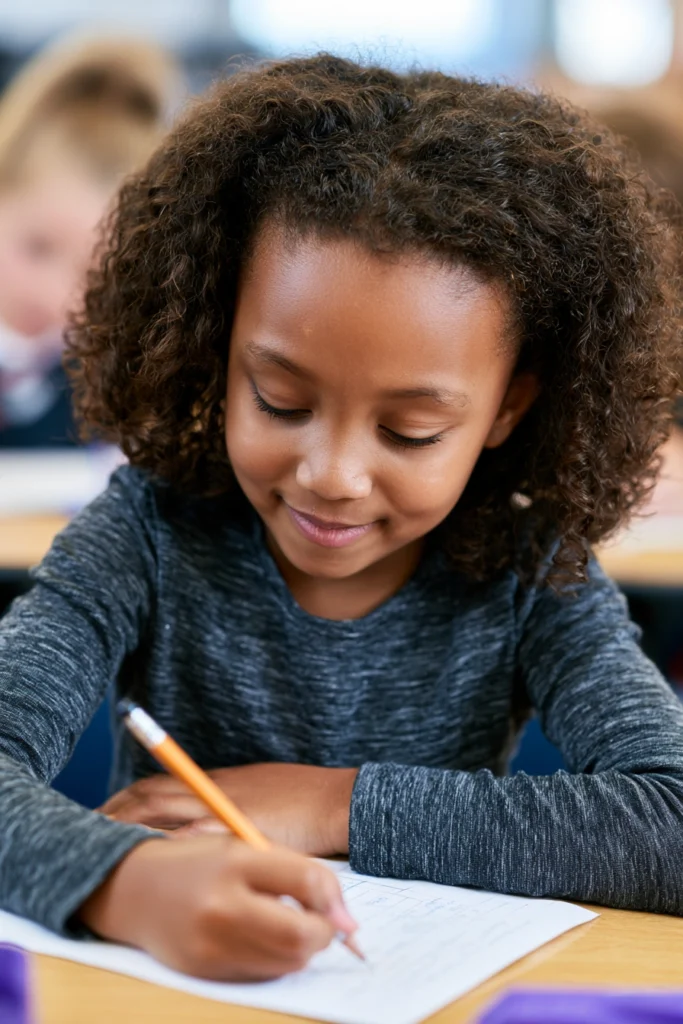 A happy little girl writing at a desk in a school classroom