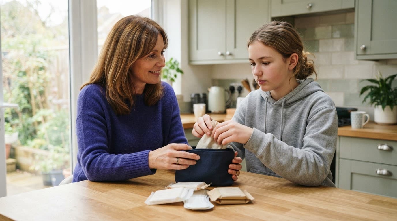 A parent and teenage girl prepare a small period-care kit at a kitchen table.