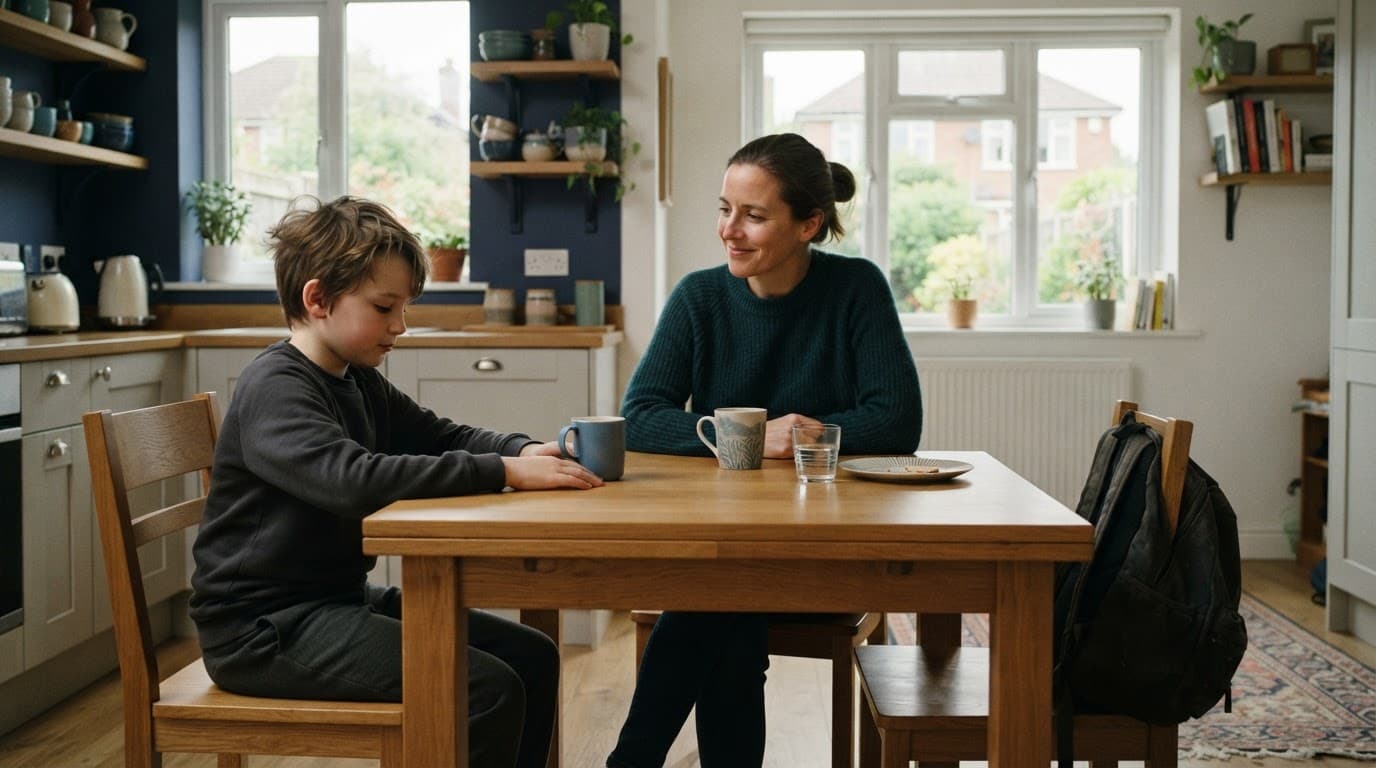 A tired child sits safely with a parent at a kitchen table after school.
