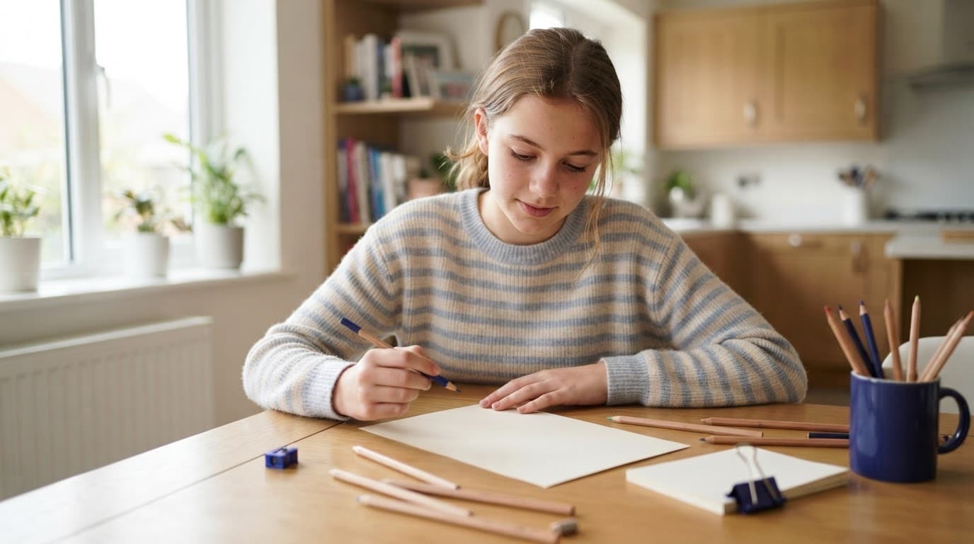 A relaxed teenager with a blank worksheet and coloured pencils at home.