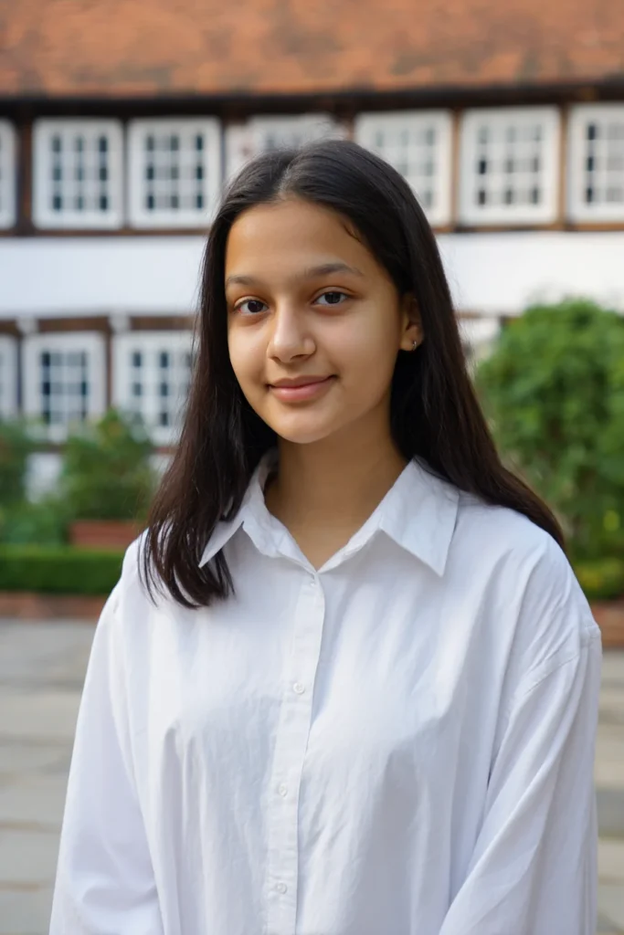 A young teenage girl with ADHD wearing an open-collar white school shirt and standing in front of a British school building