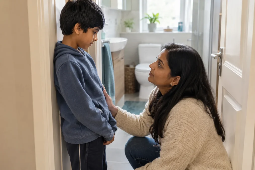 A mum and a 9-year-old boy on the landing of their home, outside the bathroom, chatting