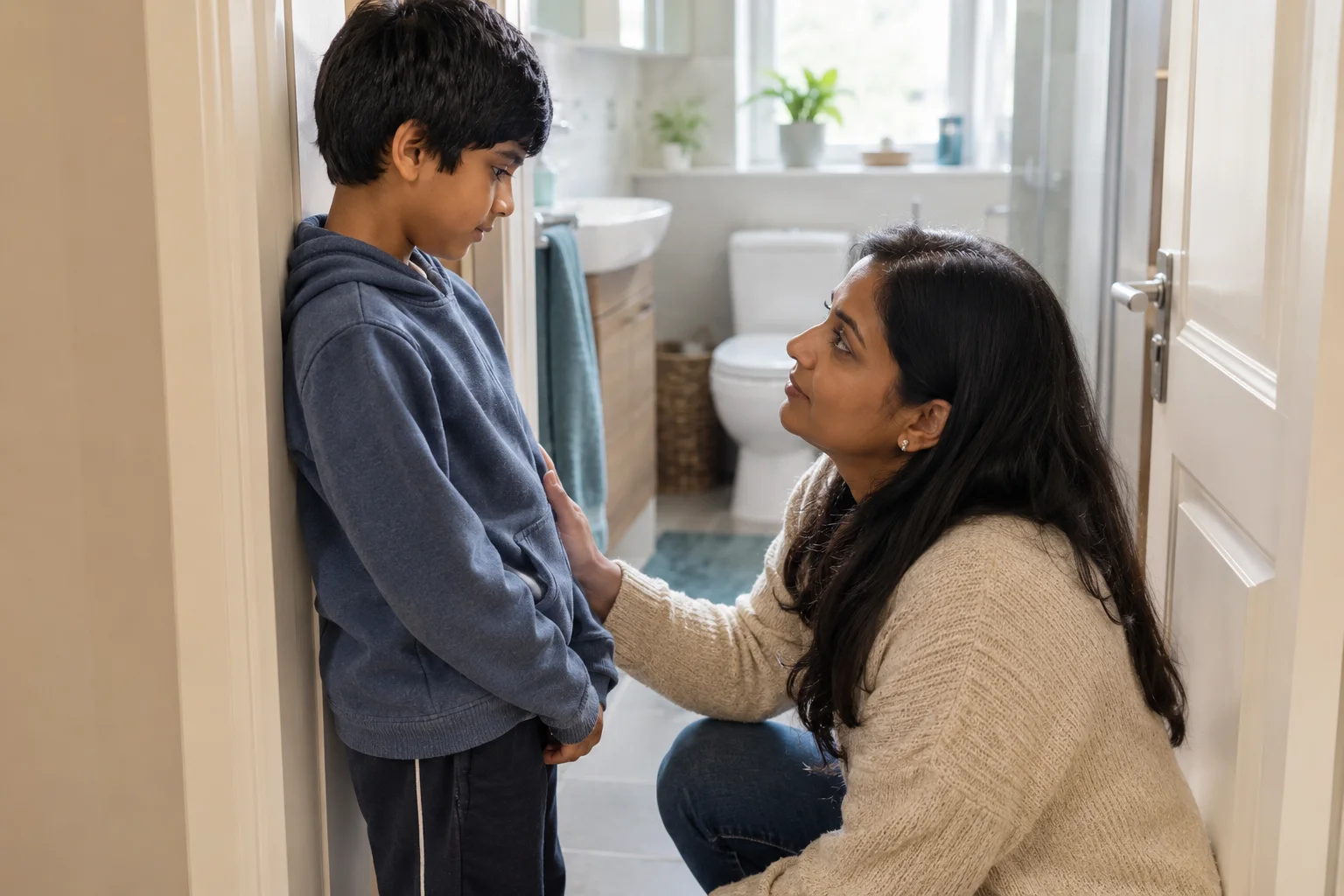 A mum and a 9-year-old boy on the landing of their home, outside the bathroom, chatting