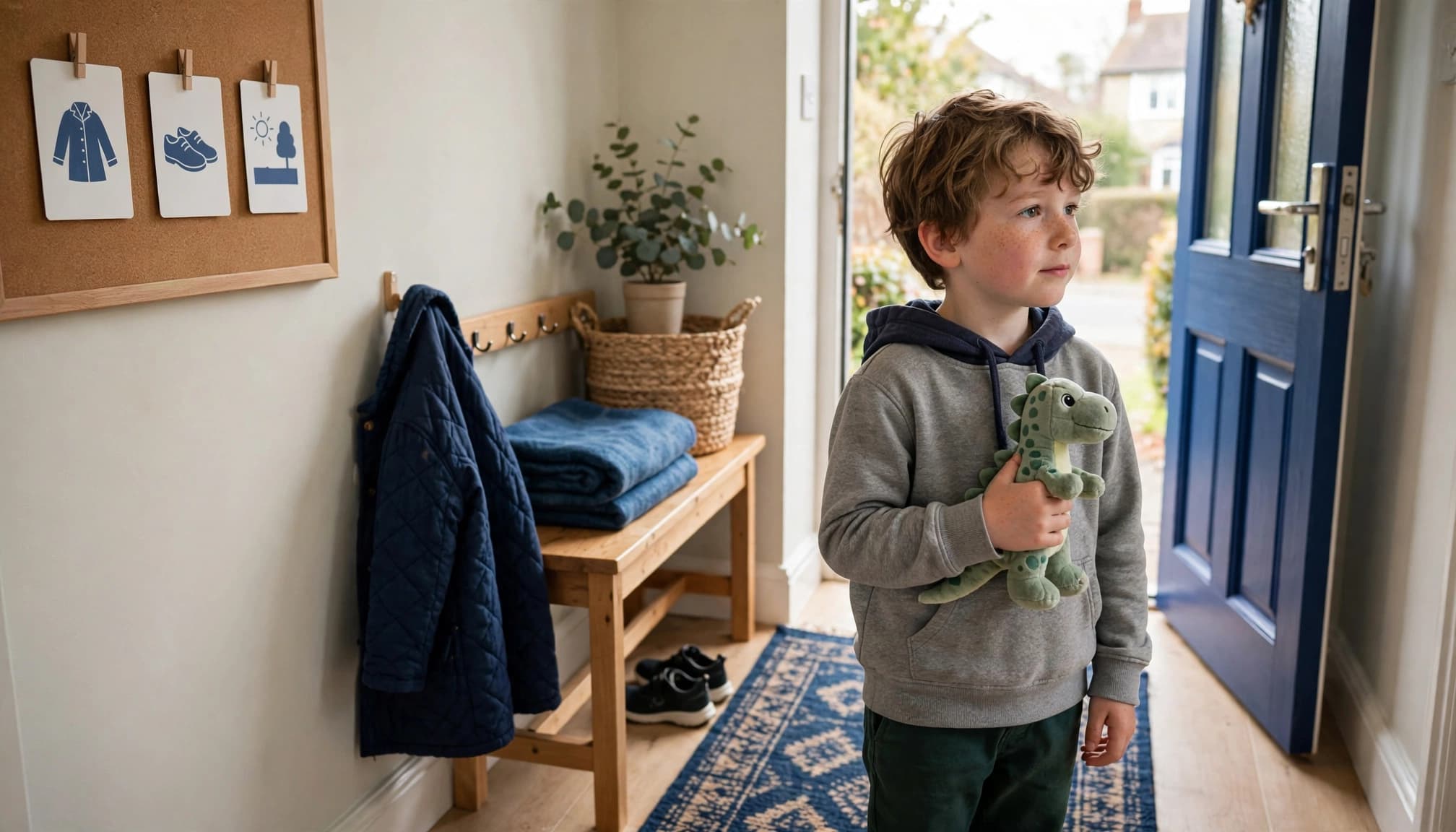 An autistic child holds a comfort object beside shoes, a coat, and visual cards in a bright hallway.