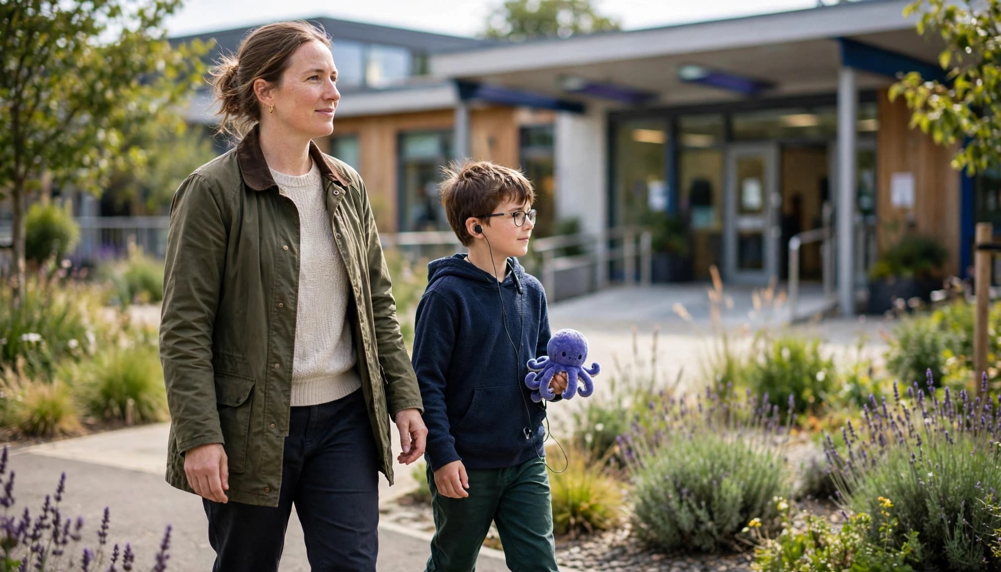 A parent and autistic child walk toward a welcoming school entrance with greenery.