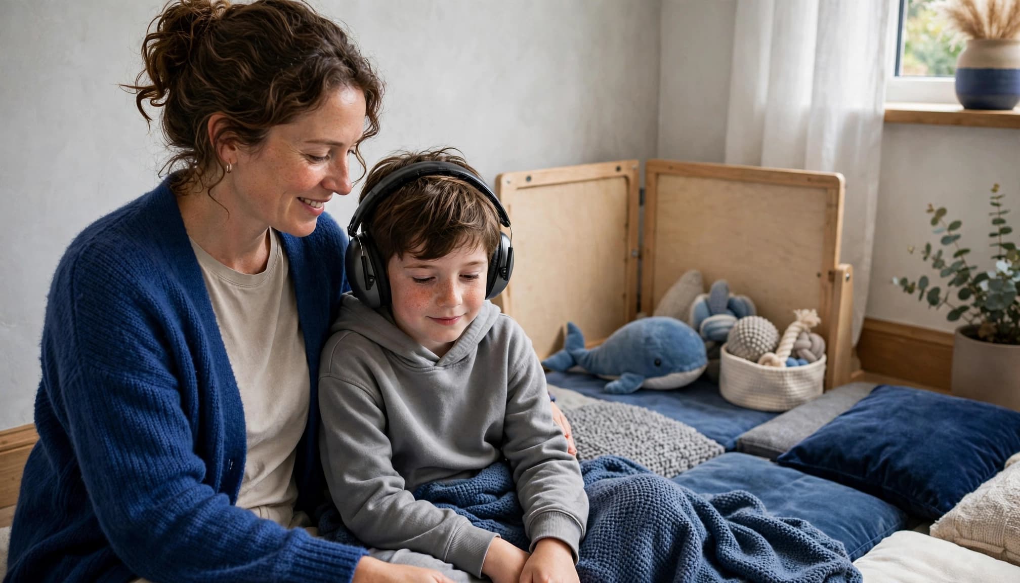 A parent and child relax beside cushions and headphones in a bright home sensory corner.