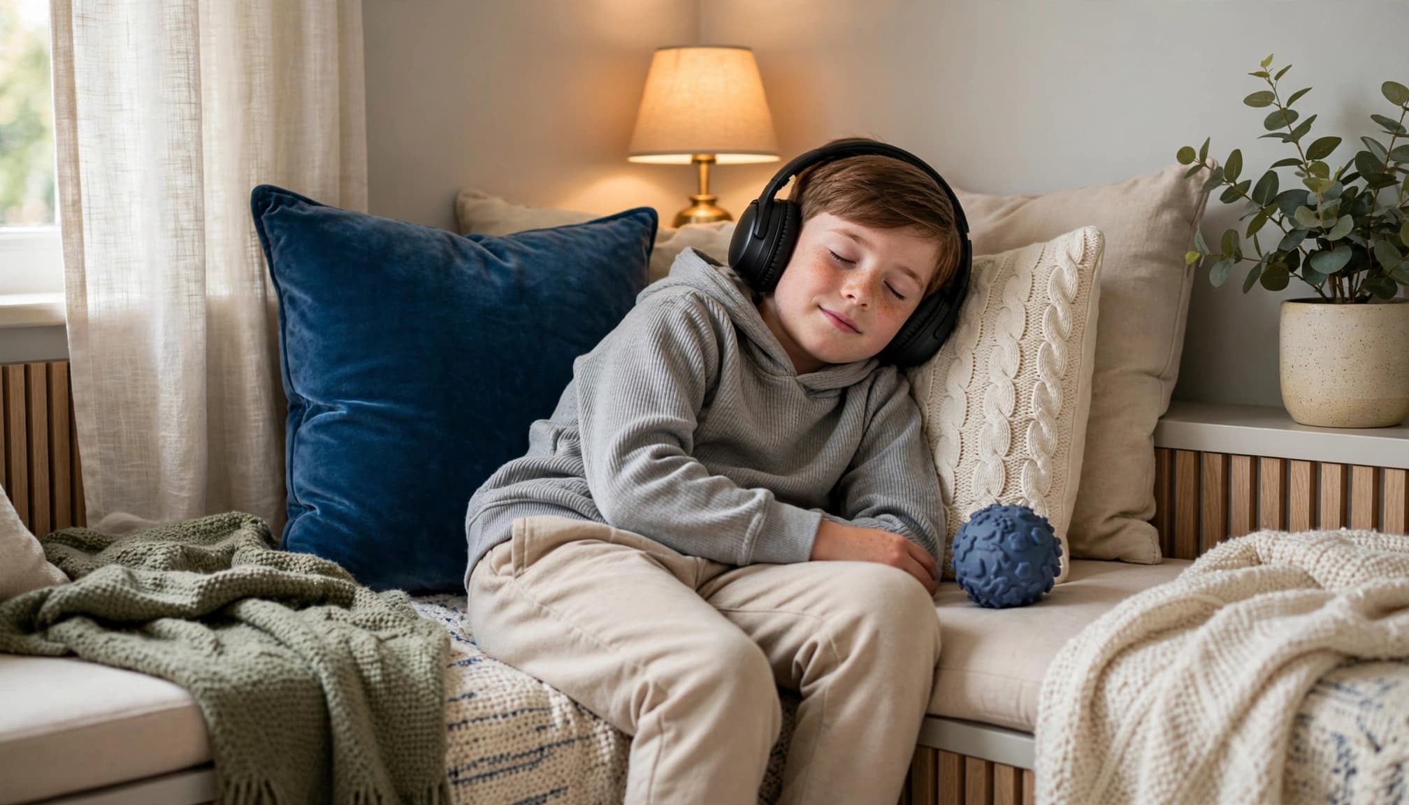 A child wearing headphones rests among cushions beside a lamp and sensory object.