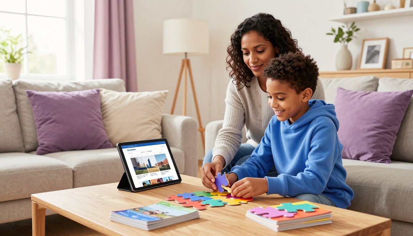 A mother and child sit beside brochures and a tablet in a bright living room.