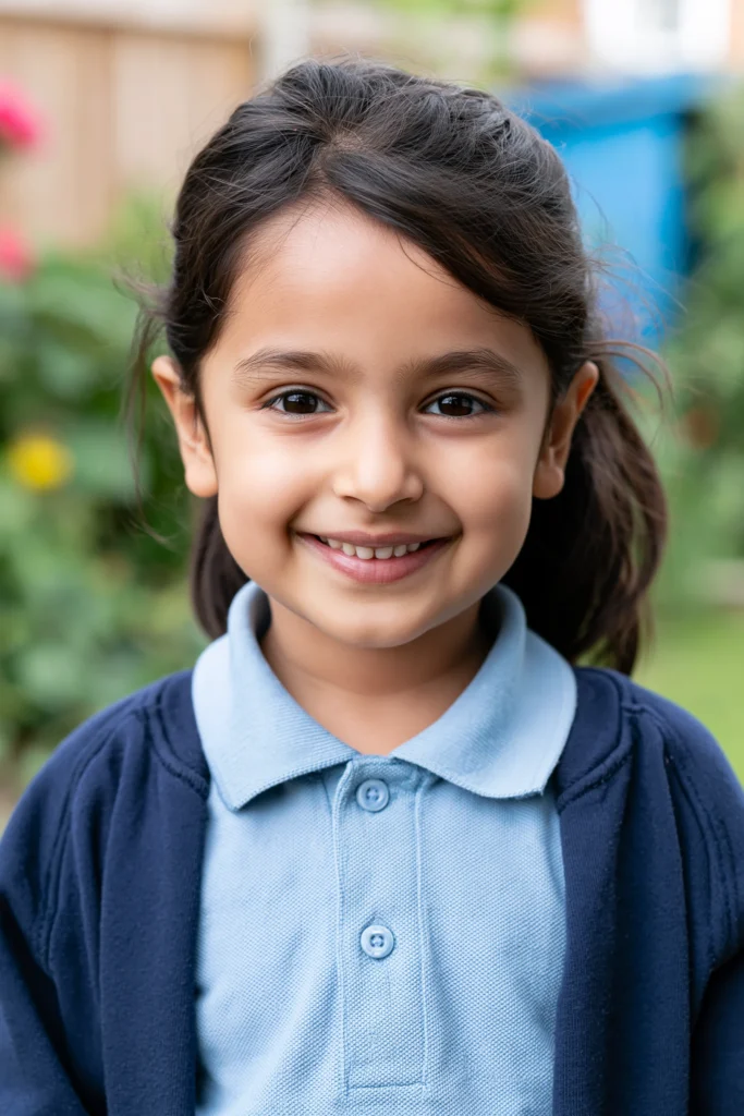 A happy 6-year-old girl wearing a British school uniform