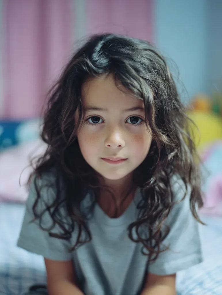 A 7-year-old girl with ADHD sitting on the edge of her bed and looking straight into the camera, looking serious
