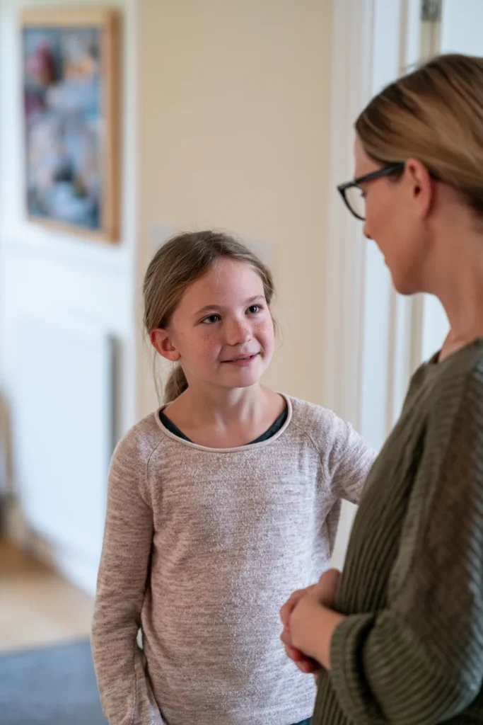 A mother and 9-year-old daughter having a face-to-face conversation and using eye contact