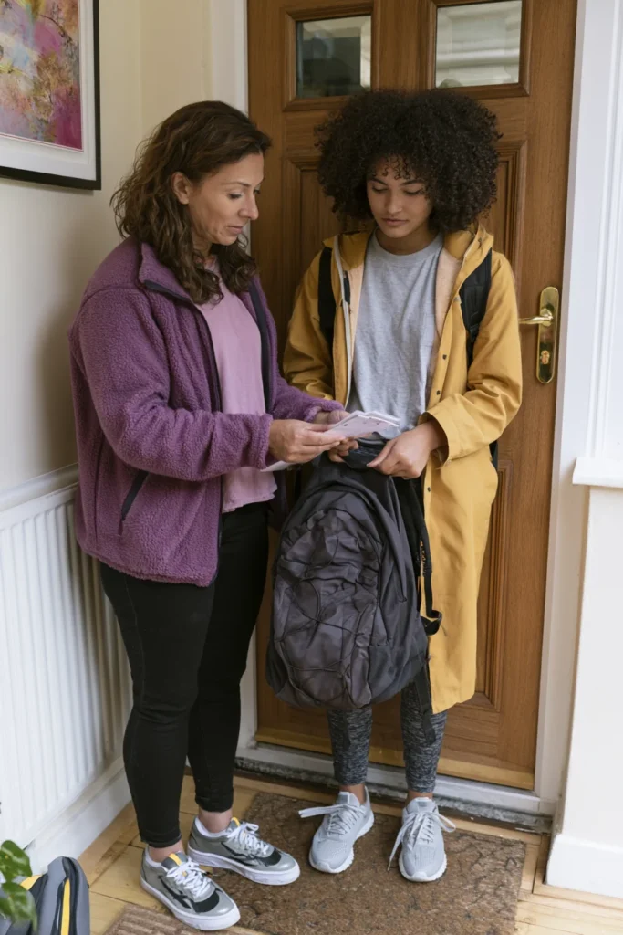 A mum and child by their front door as the child is about to leave for school. They are communicating without eye contact.