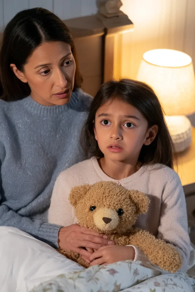 A mum and daughter at bedtime. The daughter is about 8 years old and is holding a teddy bear.