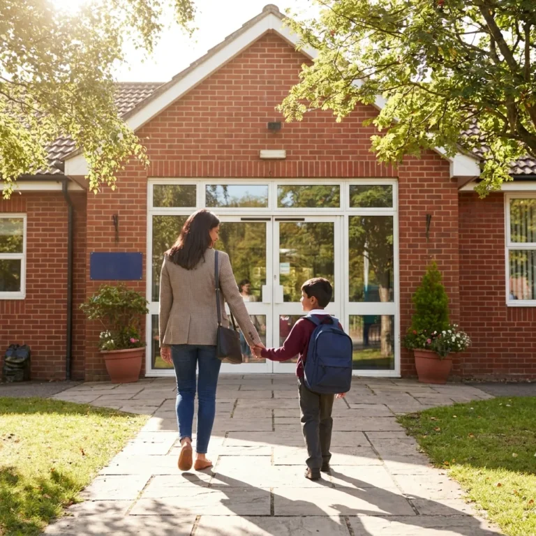 A mother and son walking up to the front entrance of a primary school