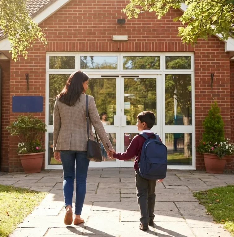 A mother and son walking up to the front entrance of a primary school