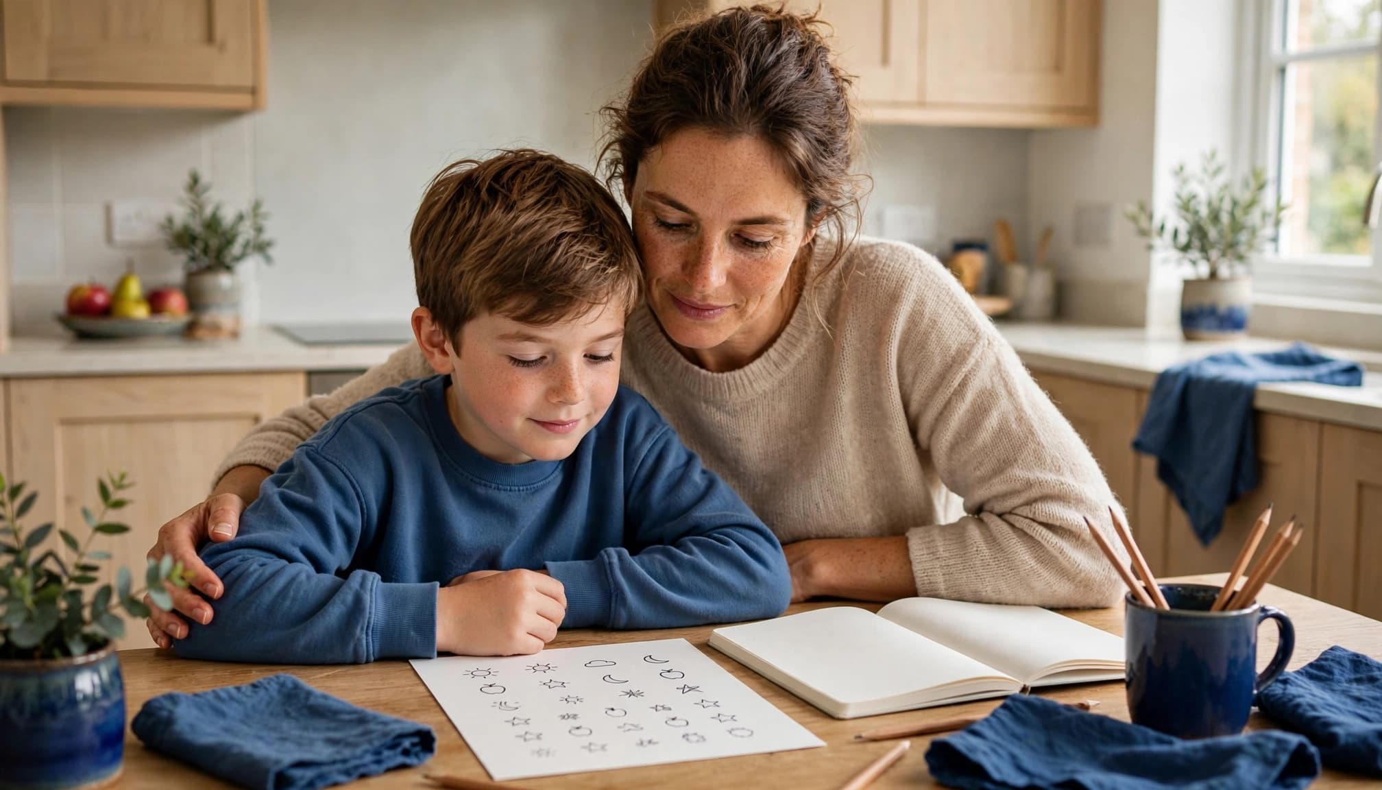 A parent and child calmly review a routine card at a kitchen table.