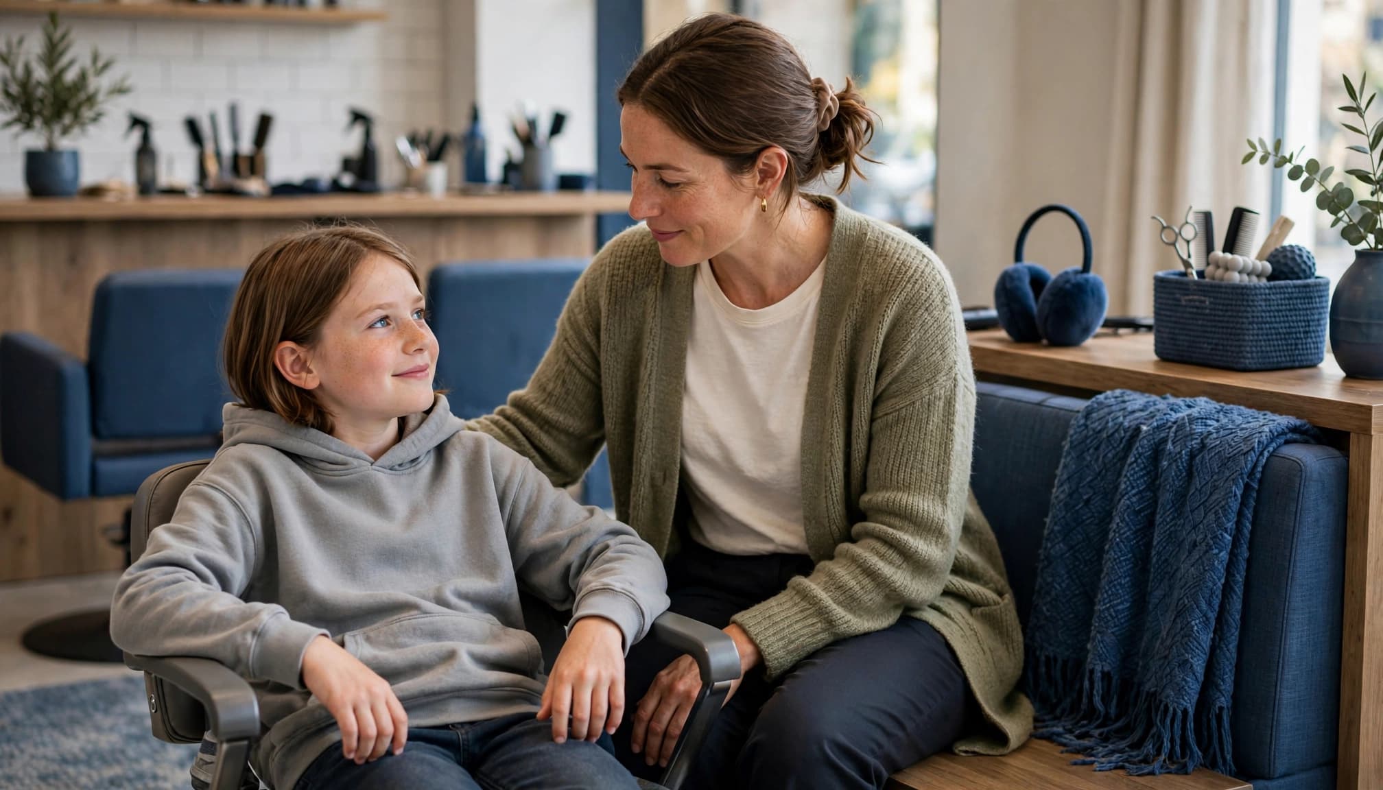 A child sits with a parent during a calm salon familiarisation visit.