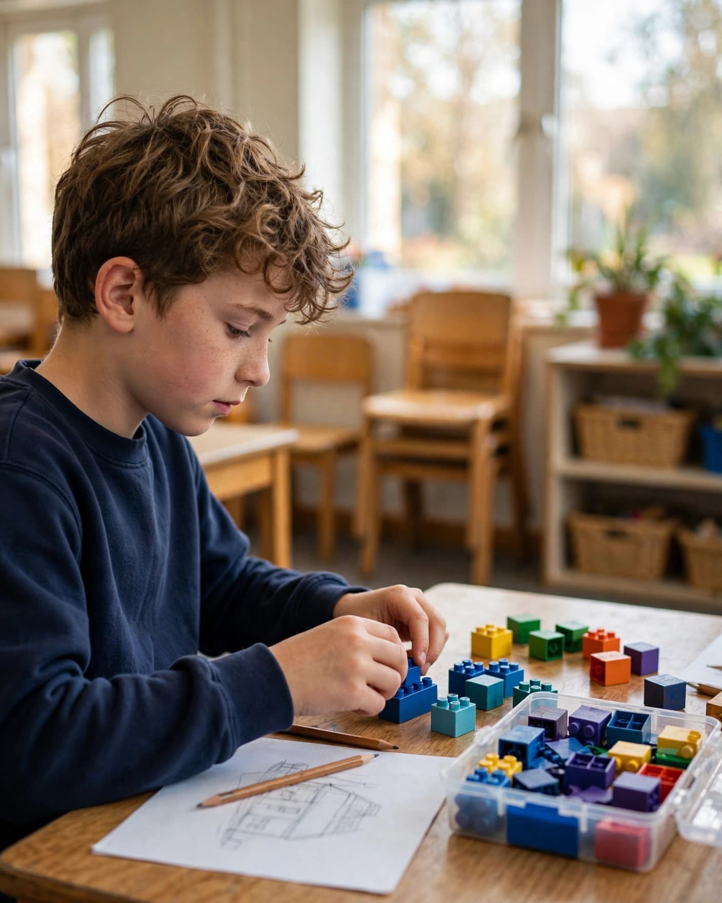 A child sorts colourful building pieces and draws at a classroom table.