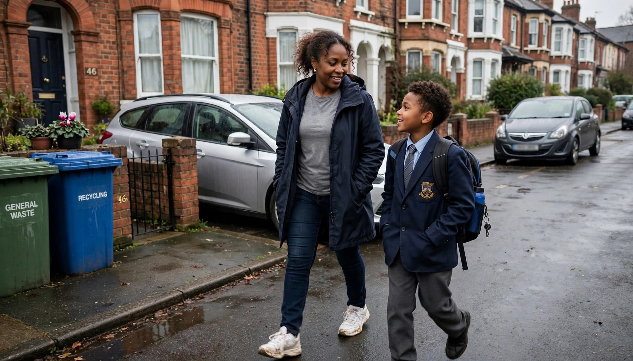 A mother and her son, who is wearing school uniform and a backpack, smile at each other as they walk along a rain-wet residential street.