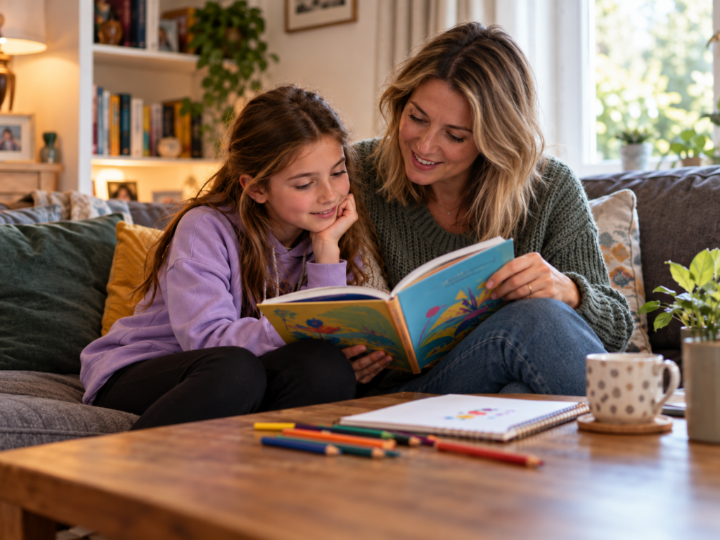 A mother and 10-year-old girl sitting on their sofa at home, reading a book about ADHD