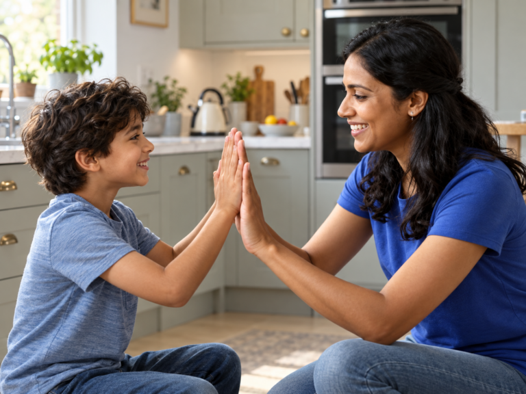 A mother and 9-year-old son with ADHD in their kitchen at home. They are giving each other a high five.