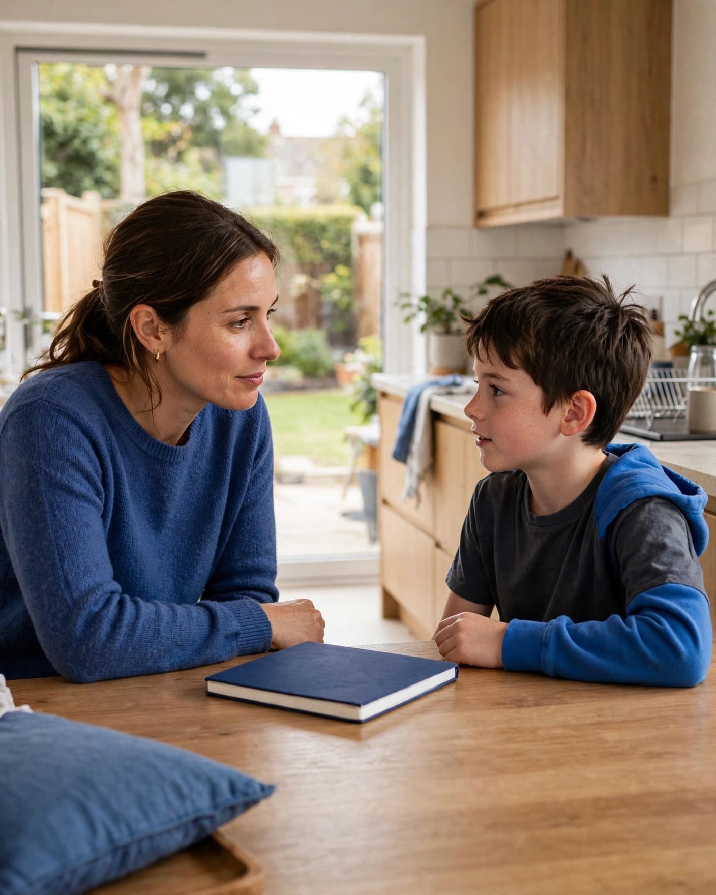 A parent listens to a child across a kitchen table with a closed notebook between them.