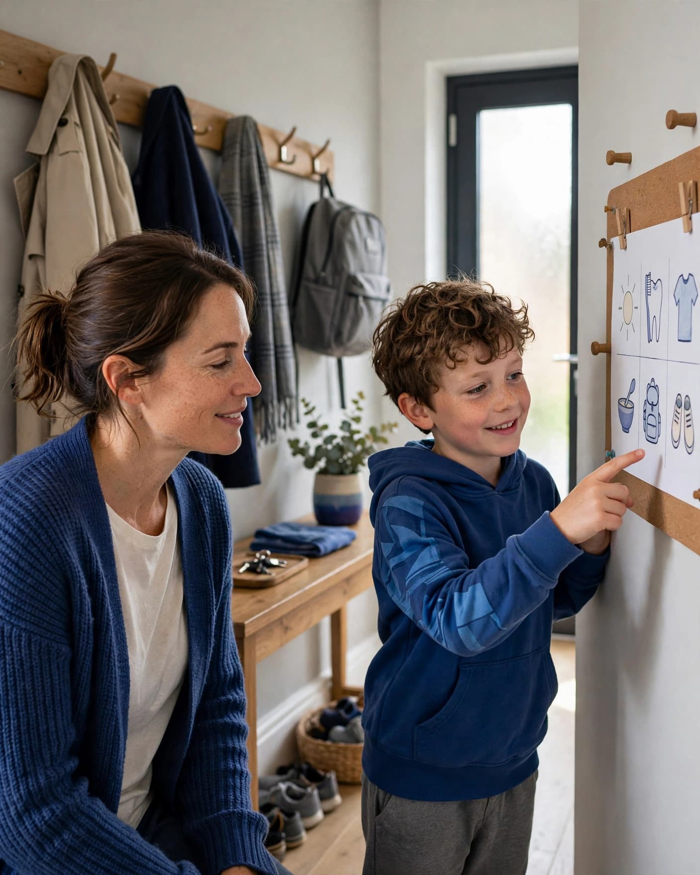 A parent and child look at a morning routine chart on a wall in a hallway.