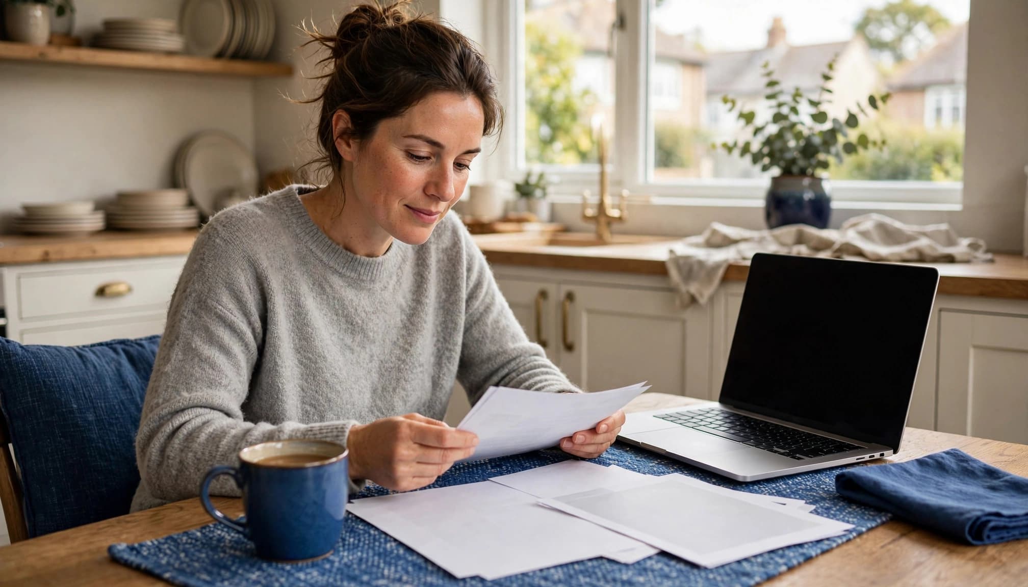 A woman sits in her kitchen with a cup of coffee and a computer on the table. She is reading her child's autism and ADHD report.